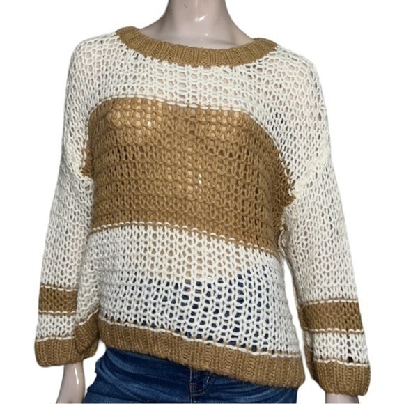 Free People Women’s Size S Tan Beige Cream Striped Color Block Loose Fit Sweater - Picture 1 of 6